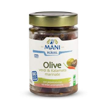 Olive verdi & Kalamata marinate con Peperoncino ed Erbe aromatiche